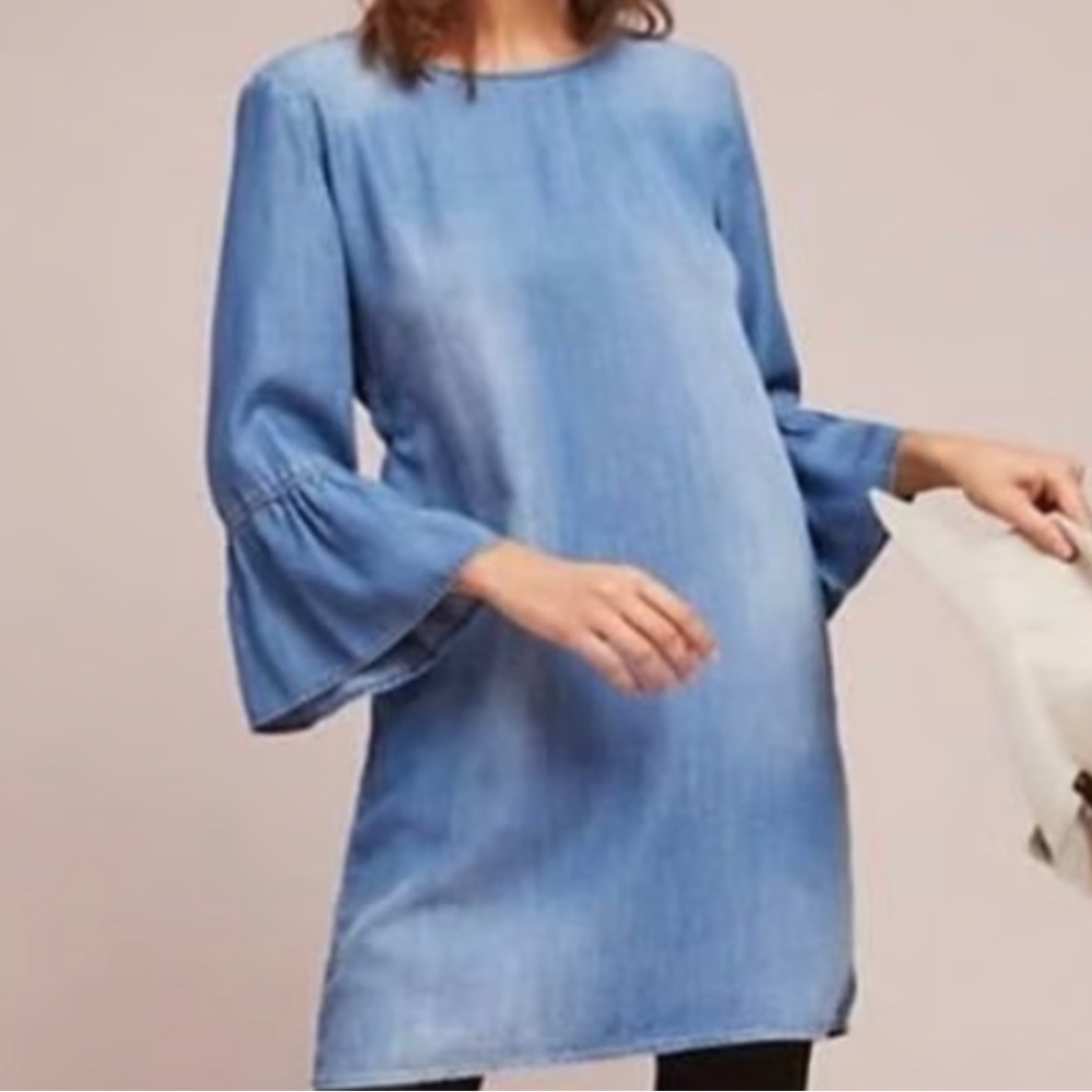Anthropologie CLOTH & STONE Chambray Tie Back Flare Sleeve Dress! Small S